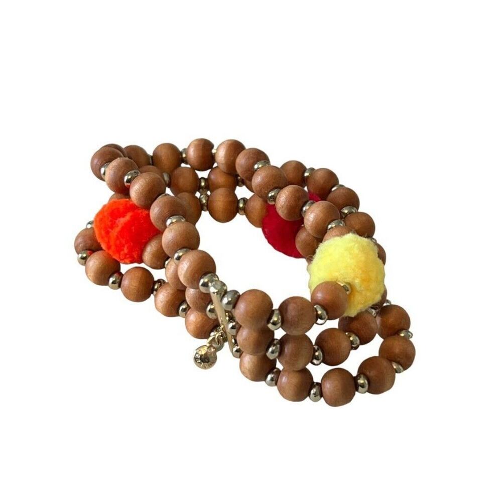 Baublebar Wood Beaded Stretch Bracelet Pom Pom Tribal Three Strand